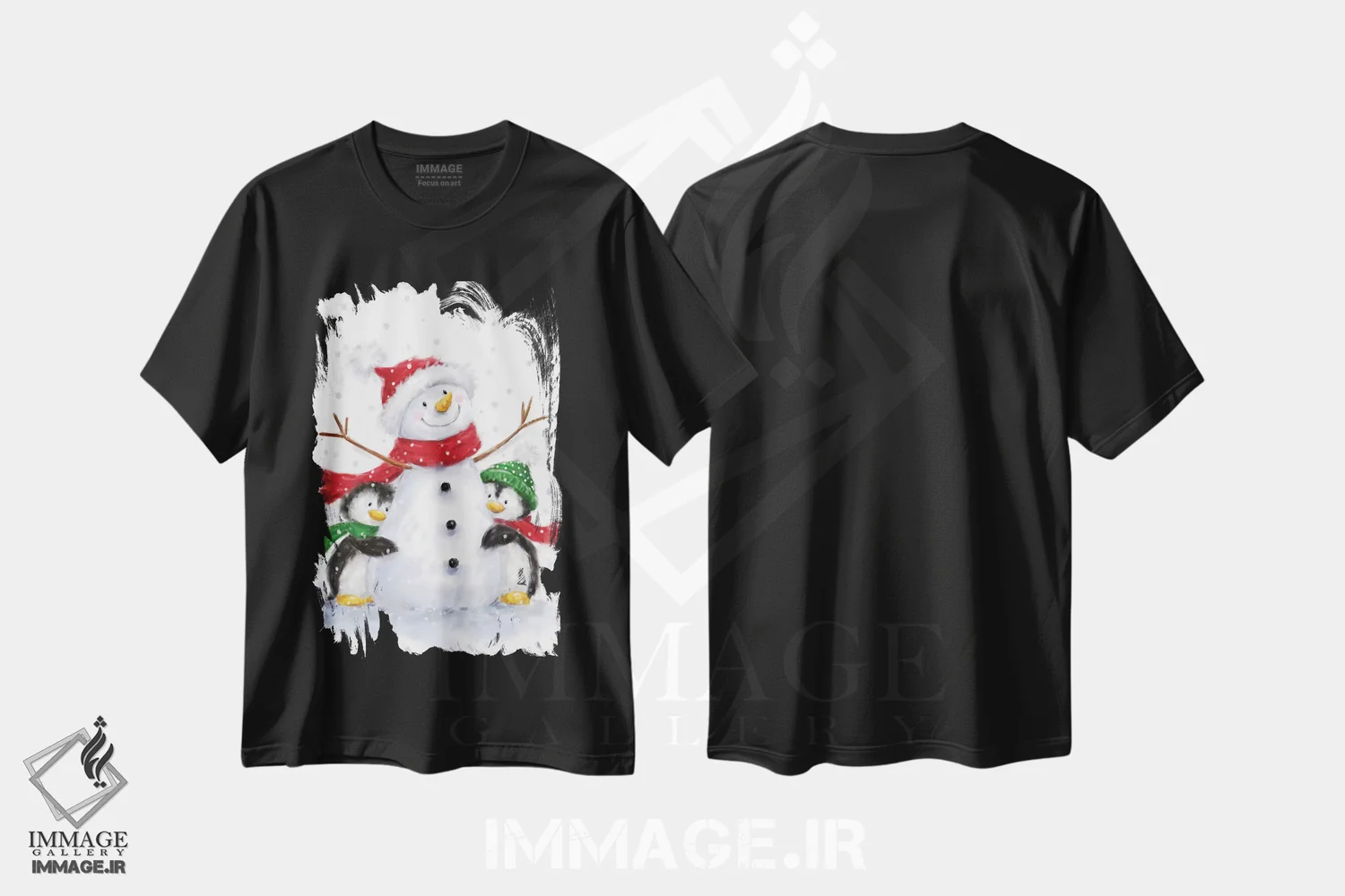 تیشرت مشکی طرح دار – تیشرت فانتزی کریسمسی ,"آدم برفی با دو پنگوئن" اثر ماکیکو فروشگاه ایماژ