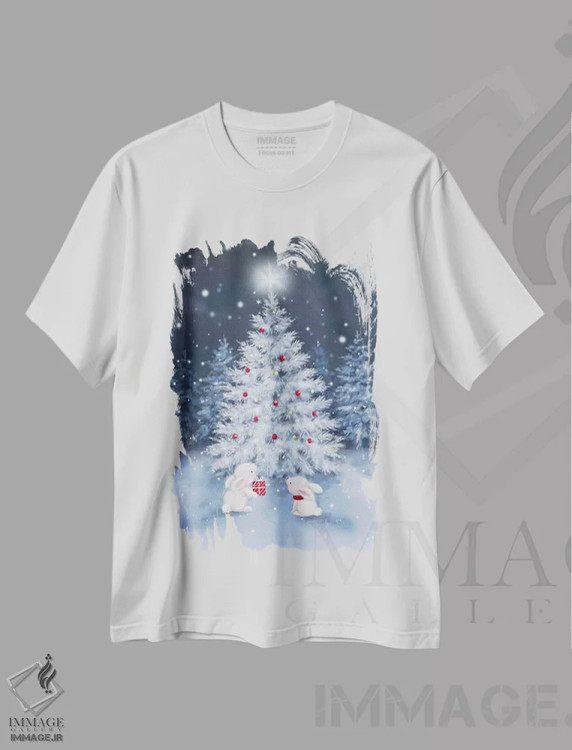 تیشرت سفید طرح دار – تیشرت طبیعت ,"درخت با خرگوش ها" اثر ماکیکو immage.ir