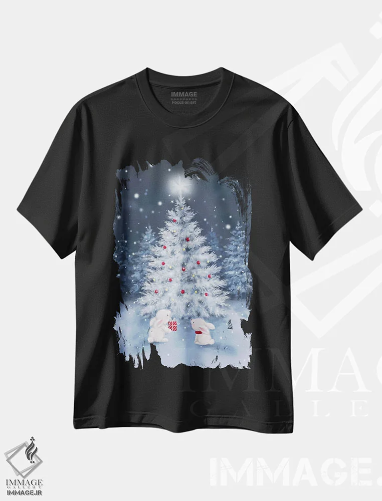 تیشرت مشکی طرح دار – تیشرت طبیعت ,"درخت با خرگوش ها" اثر ماکیکو فروشگاه ایماژ