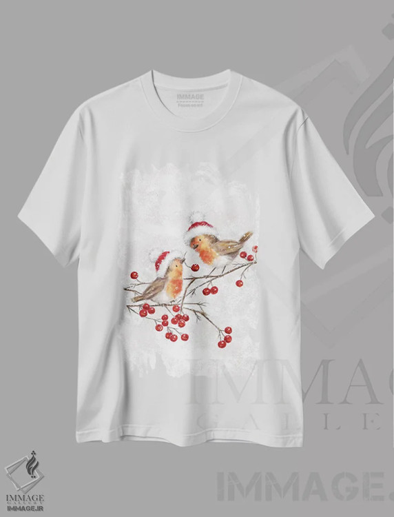 تیشرت سفید طرح دار – تیشرت پرندگان ,"دو رابین" اثر ماکیکو فروشگاه ایماژ