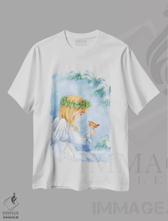 تیشرت سفید طرح دار – تیشرت معنوی ,"فرشته و رابین" اثر ماکیکو فروشگاه ایماژ