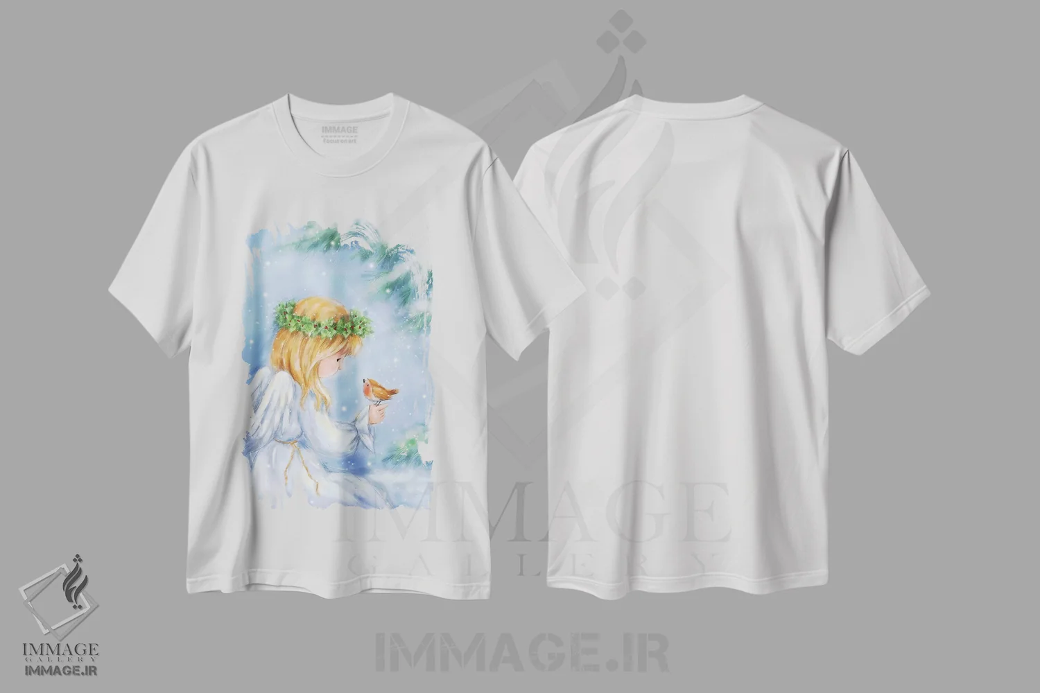 تیشرت سفید طرح دار – تیشرت معنوی ,"فرشته و رابین" اثر ماکیکو فروشگاه ایماژ