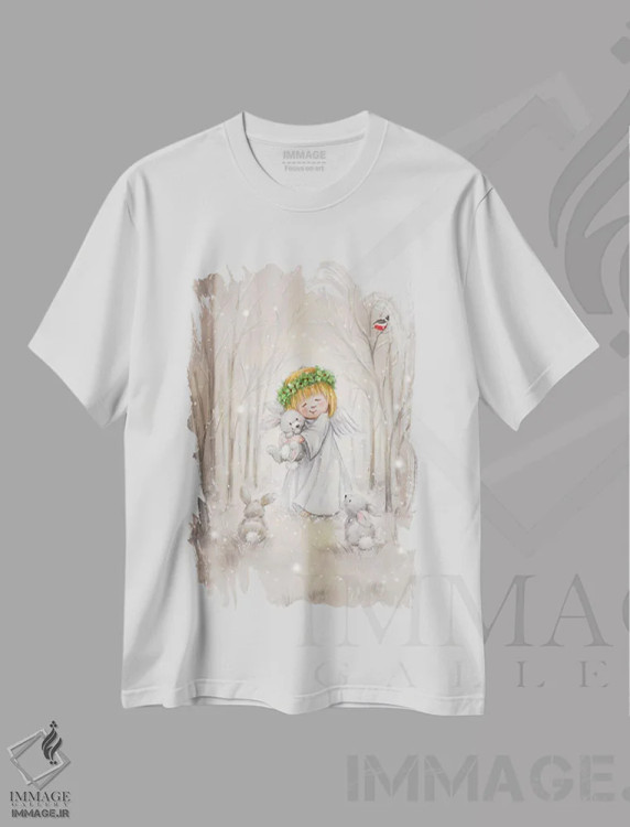 تیشرت سفید طرح دار – تیشرت معنوی ,"فرشته با خرگوش" اثر ماکیکو immage.ir