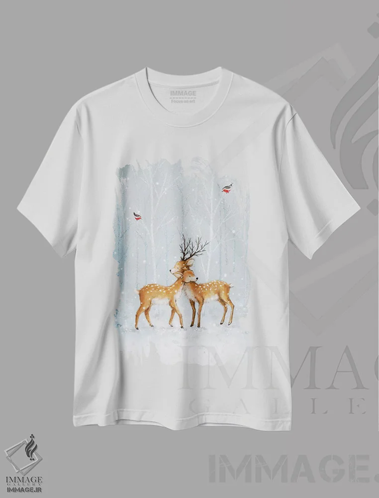 تیشرت سفید طرح دار – تیشرت حیوانات ,"زوج گوزن در جنگل" اثر ماکیکو immage.ir