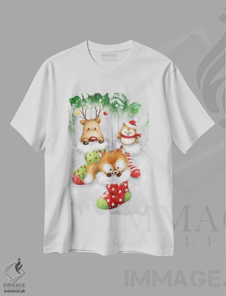 تیشرت سفید طرح دار – تیشرت حیوانات ,"گوزن، جغد و روباه" اثر ماکیکو فروشگاه ایماژ