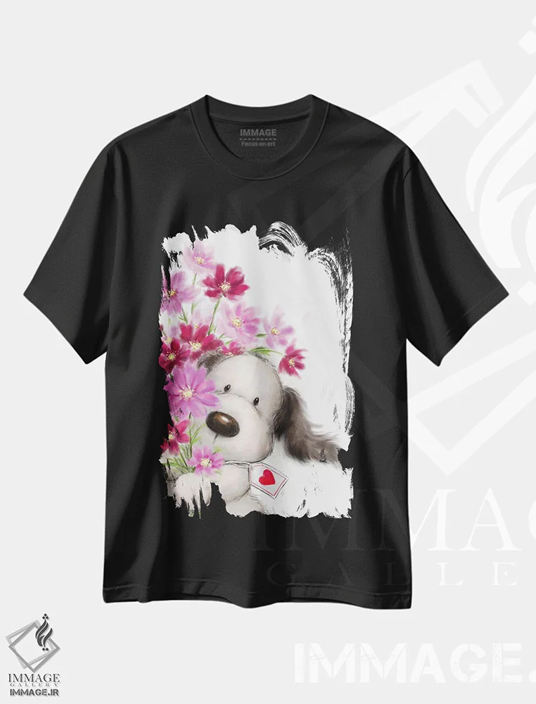 تیشرت مشکی طرح دار – تیشرت هنری ,"سگ با گل ها " اثر ماکیکو فروشگاه ایماژ