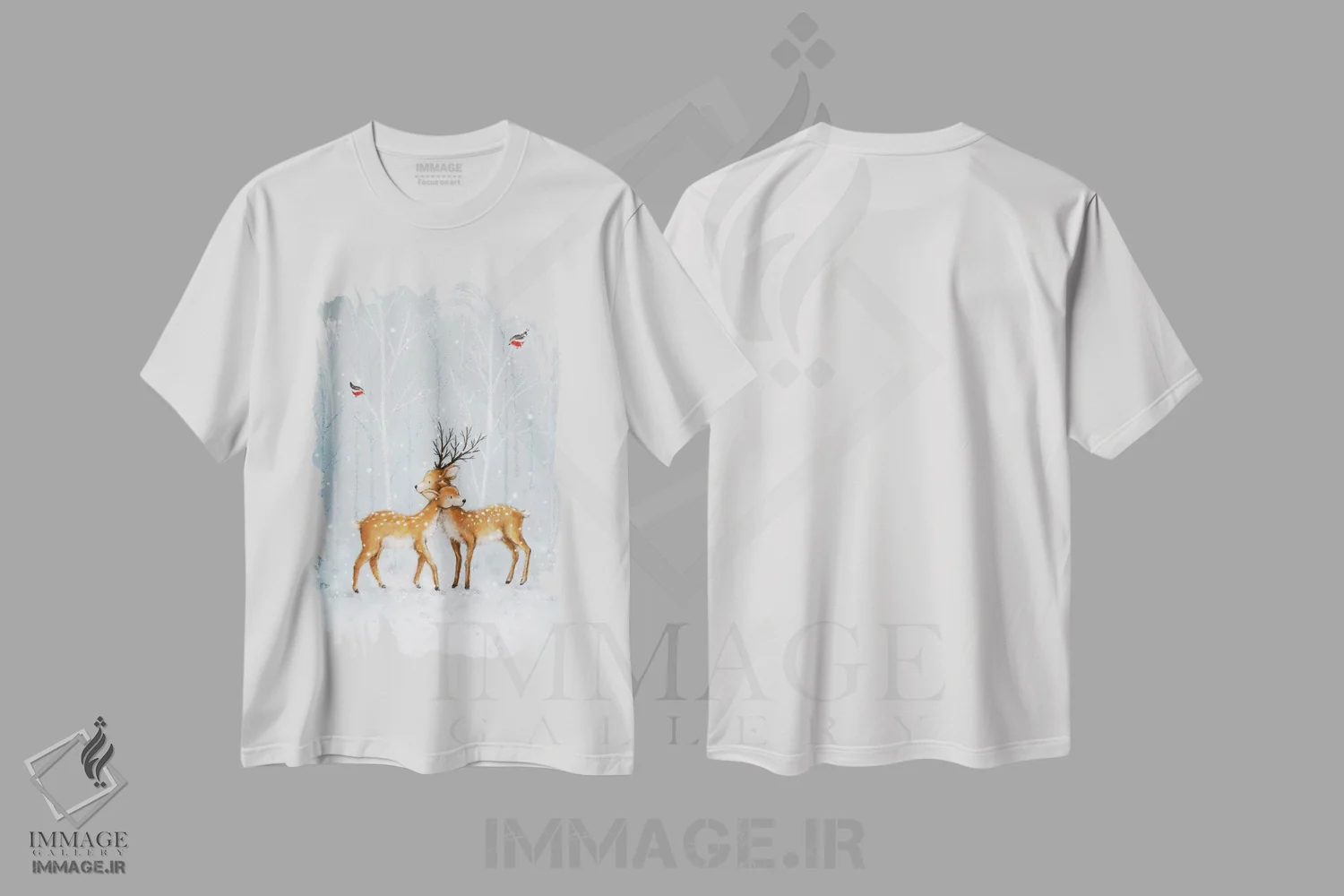 تیشرت سفید طرح دار – تیشرت حیوانات ,"زوج گوزن در جنگل" اثر ماکیکو immage.ir