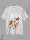 تیشرت سفید طرح دار – تیشرت حیوانات ,"سگ با گل ها " اثر ماکیکو فروشگاه ایماژ