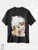 تیشرت مشکی طرح دار – تیشرت حیوانات ,"سگ با گل ها " اثر ماکیکو immage.ir