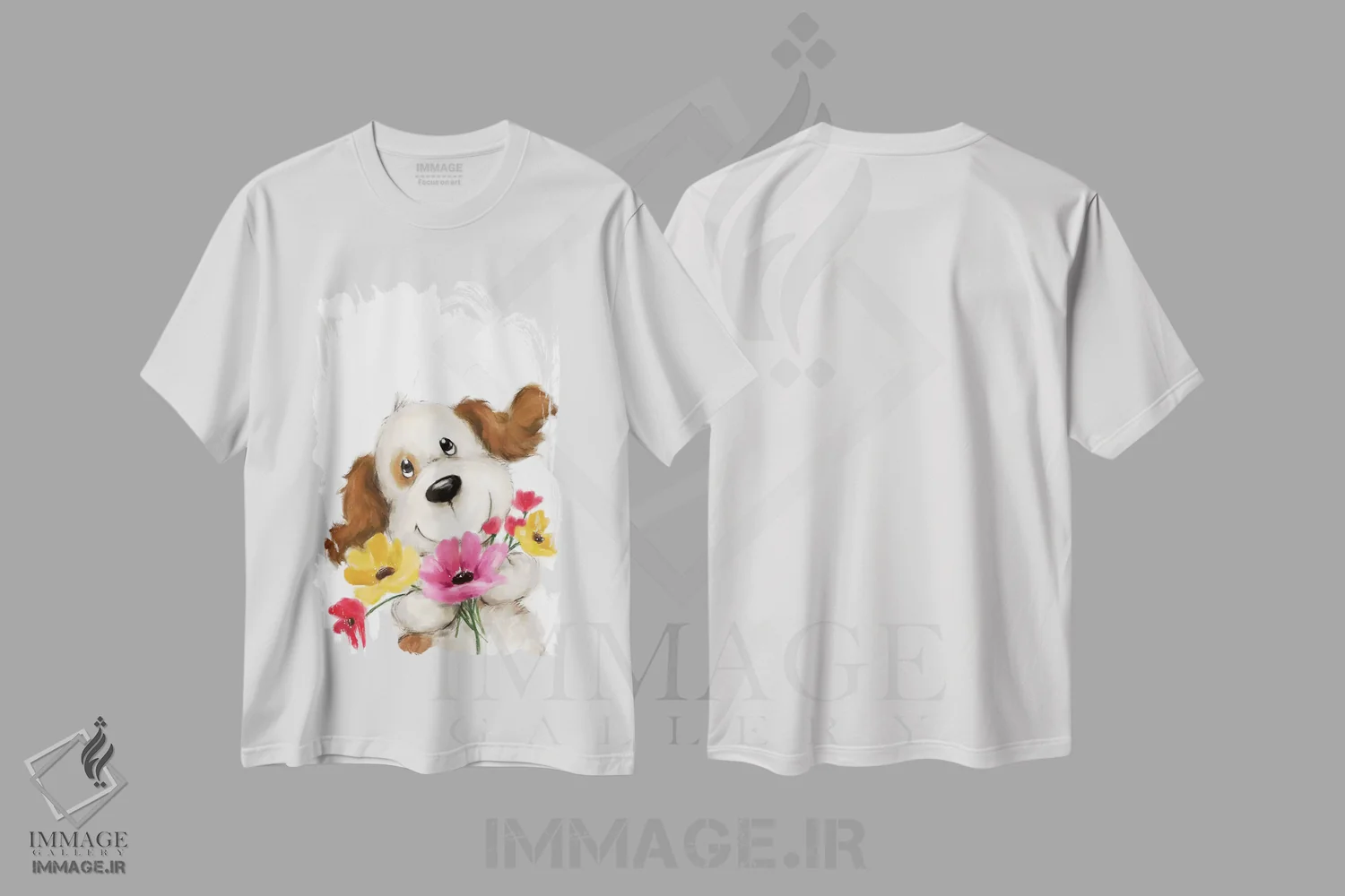 تیشرت سفید طرح دار – تیشرت حیوانات ,"سگ با گل ها " اثر ماکیکو فروشگاه ایماژ