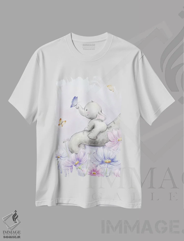تیشرت سفید طرح دار – تیشرت طبیعت ,"فیل با پروانه" اثر ماکیکو immage.ir