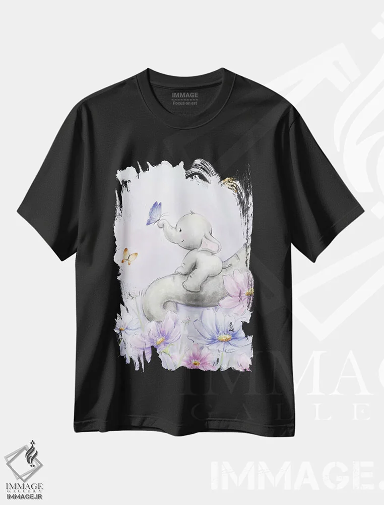 تیشرت مشکی طرح دار – تیشرت طبیعت ,"فیل با پروانه" اثر ماکیکو فروشگاه ایماژ