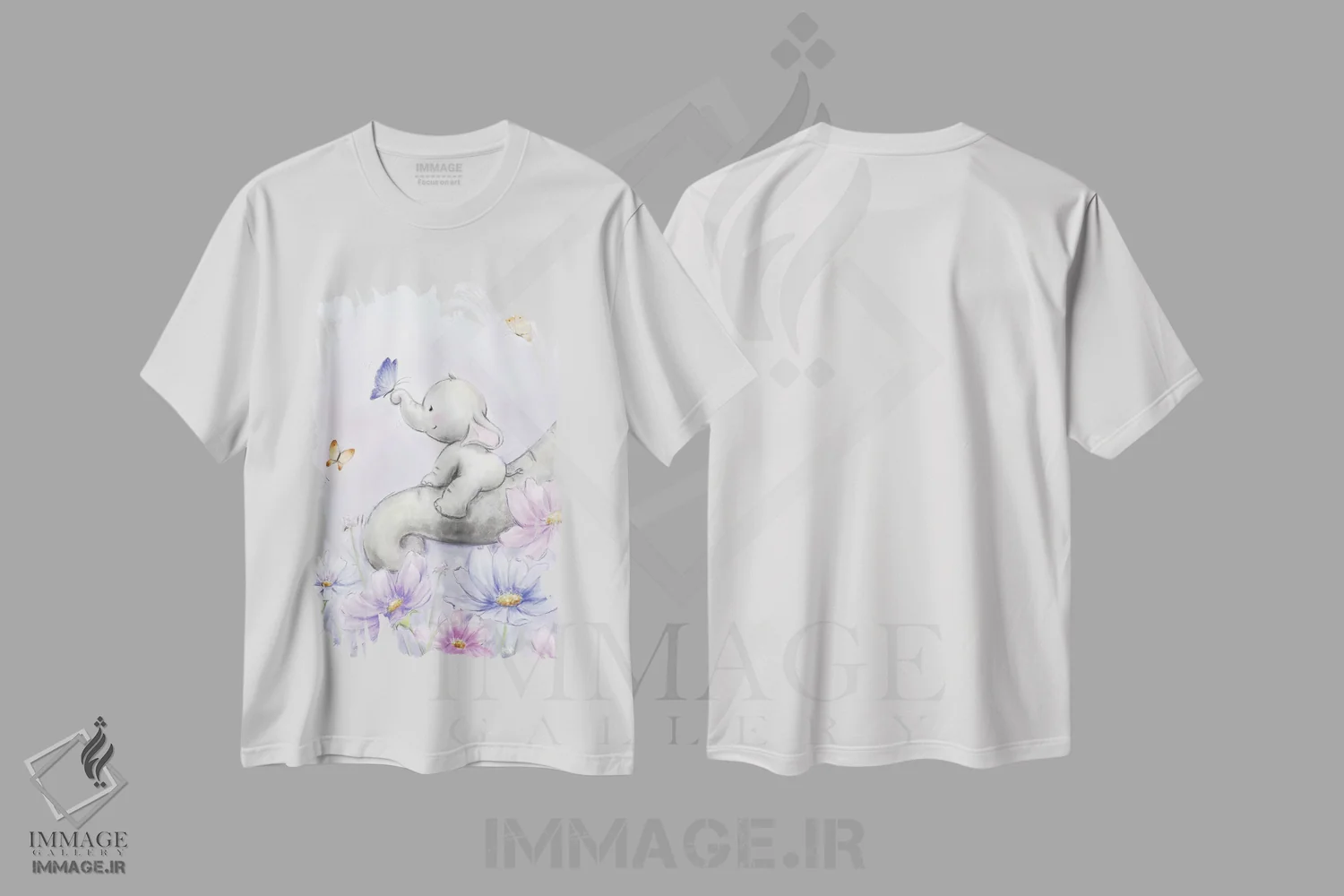 تیشرت سفید طرح دار – تیشرت طبیعت ,"فیل با پروانه" اثر ماکیکو immage.ir