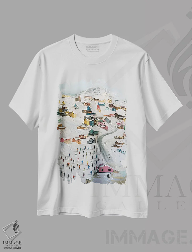 تیشرت سفید طرح دار – تیشرت طبیعت ,روستای برفی اثر مارینا کوتسو سپیرو فروشگاه ایماژ