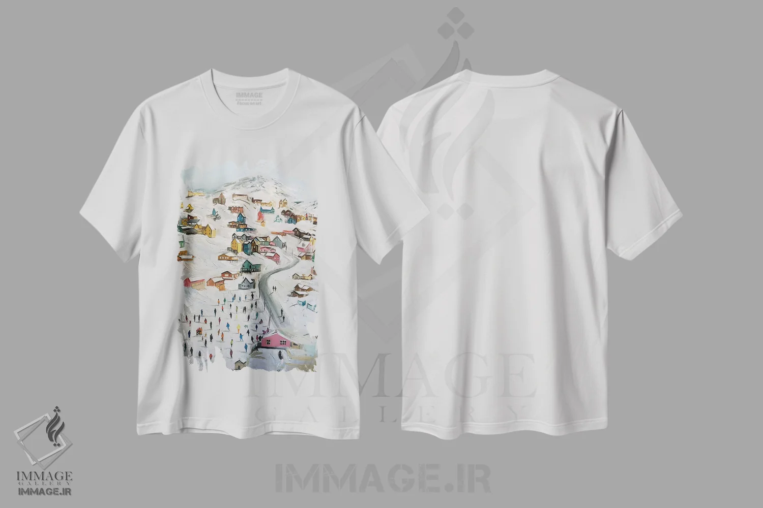 تیشرت سفید طرح دار – تیشرت طبیعت ,روستای برفی اثر مارینا کوتسو سپیرو فروشگاه ایماژ