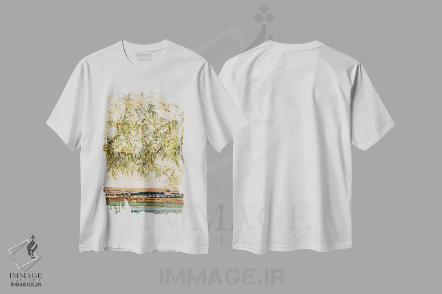 تیشرت سفید طرح دار – تیشرت انتزاعی ,شاخه های زیتون اثر مارینا کوتسو سپیرو immage.ir