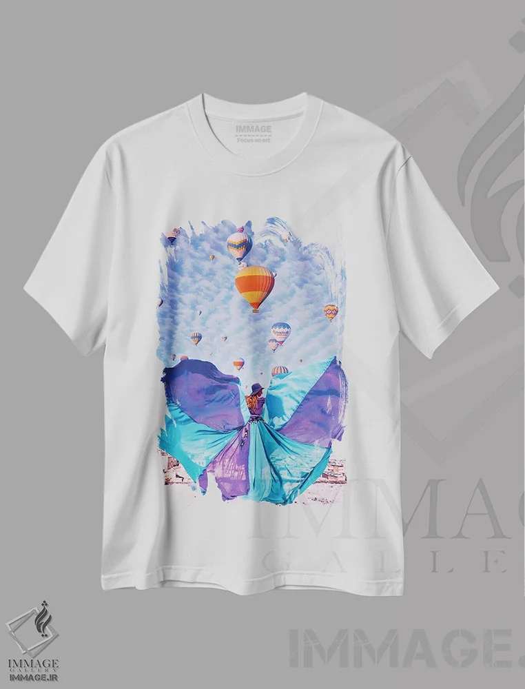 تیشرت سفید طرح دار – تیشرت فانتزی ,پروانه آبی اثر هوبوپیبا فروشگاه ایماژ