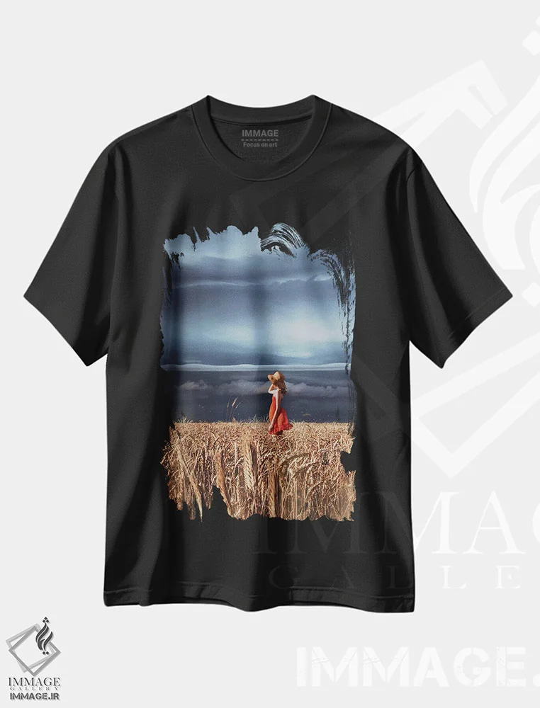 تیشرت مشکی طرح دار – تیشرت هنری ,مزارع گندم و رعدوبرق اثر هوبوپیبا immage.ir