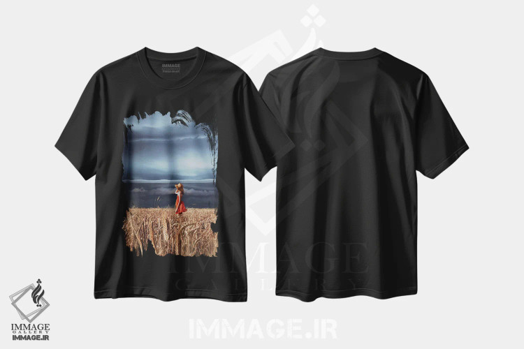 تیشرت مشکی طرح دار – تیشرت هنری ,مزارع گندم و رعدوبرق اثر هوبوپیبا immage.ir
