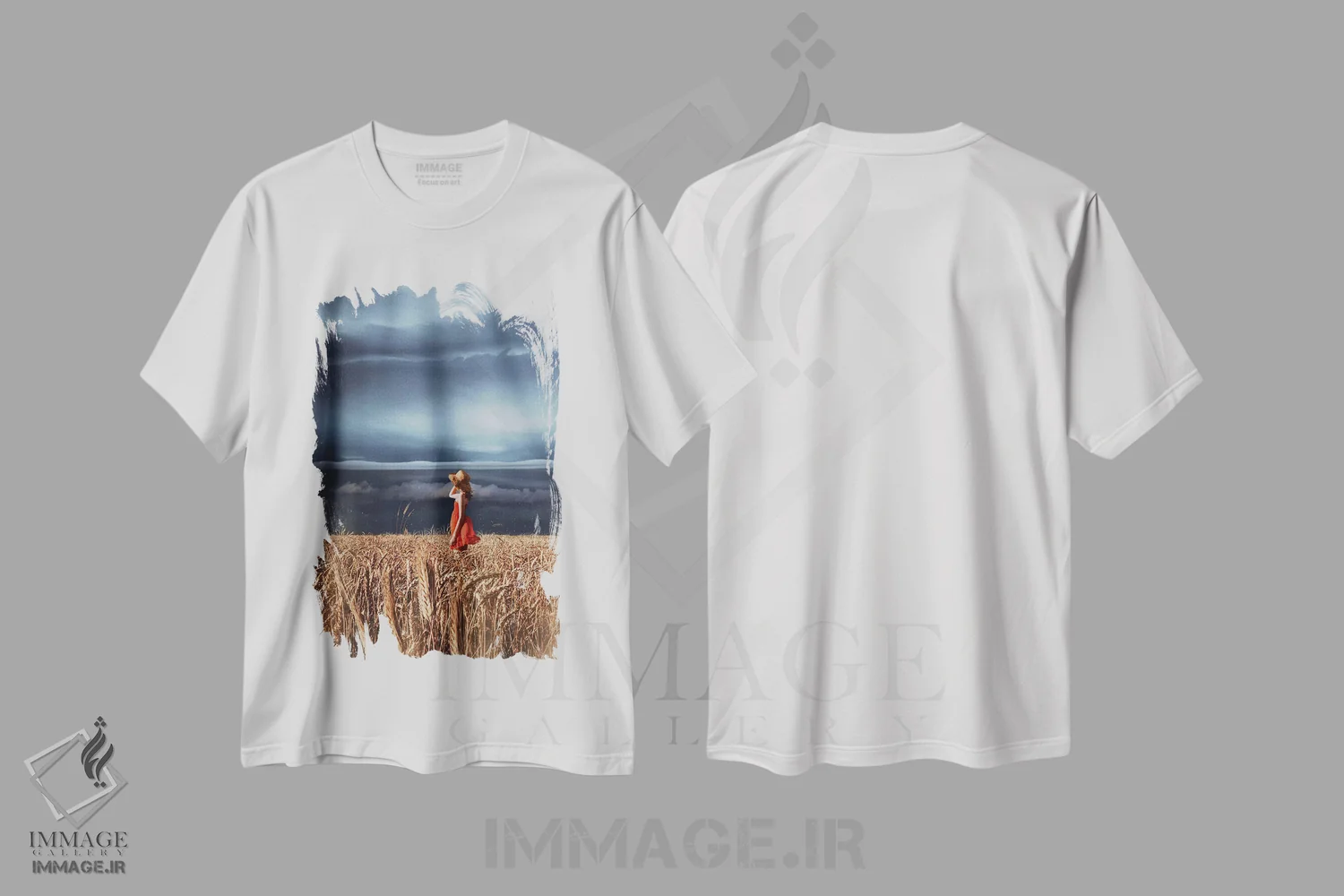 تیشرت سفید طرح دار – تیشرت هنری ,مزارع گندم و رعدوبرق اثر هوبوپیبا فروشگاه ایماژ