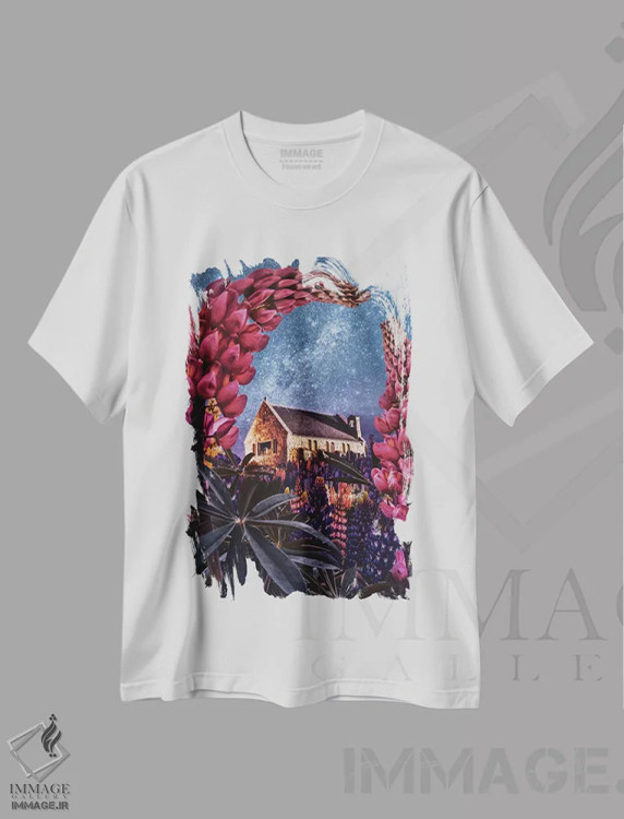 تیشرت سفید طرح دار – تیشرت طبیعت ,لوپین های شبانه در دریاچه تکاپو اثر هوبوپیبا فروشگاه ایماژ