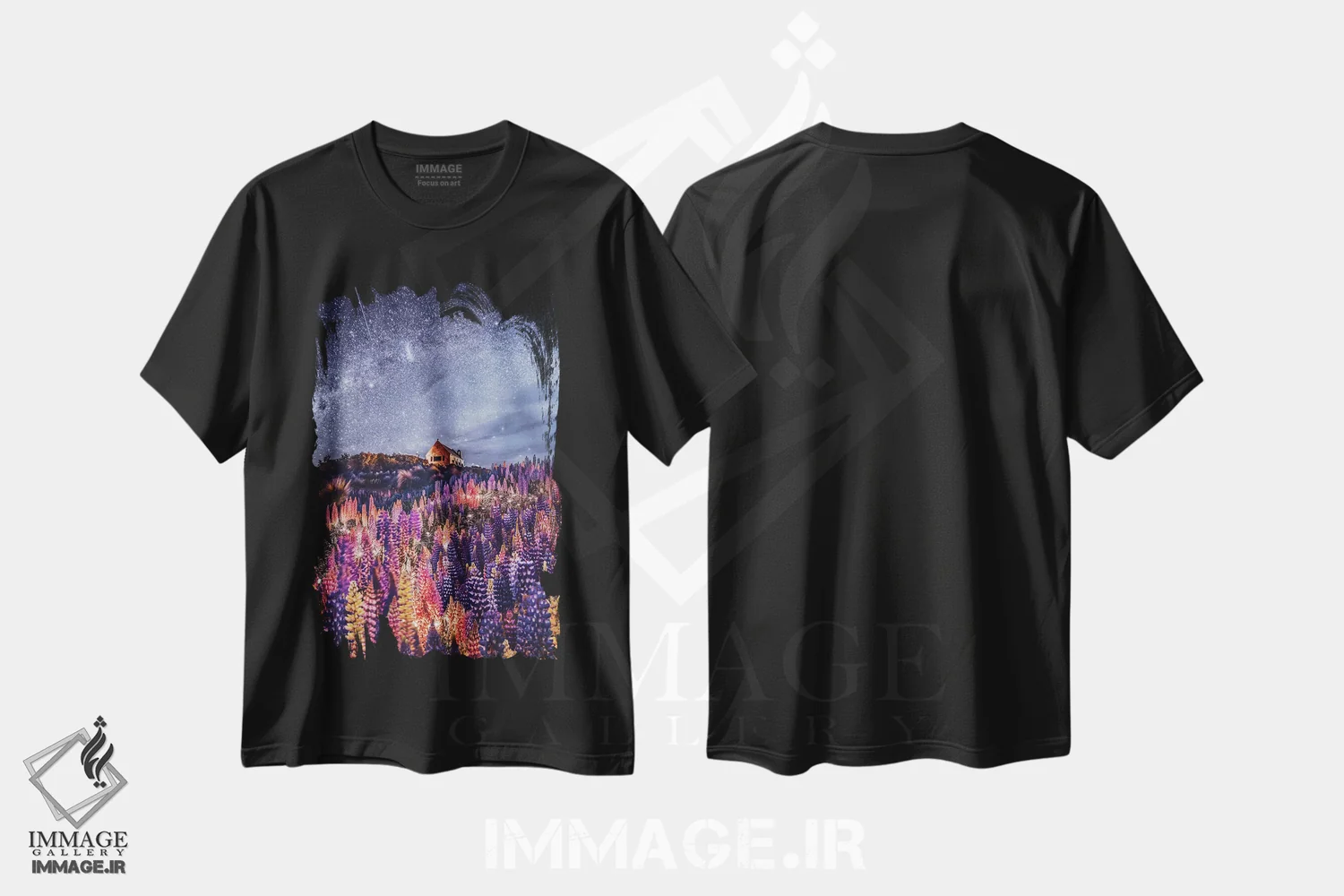 تیشرت مشکی طرح دار – تیشرت طبیعت ,لوپین های شبانه در دریاچه تکاپو اثر هوبوپیبا فروشگاه ایماژ