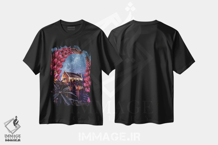 تیشرت مشکی طرح دار – تیشرت طبیعت ,لوپین های شبانه در دریاچه تکاپو اثر هوبوپیبا immage.ir