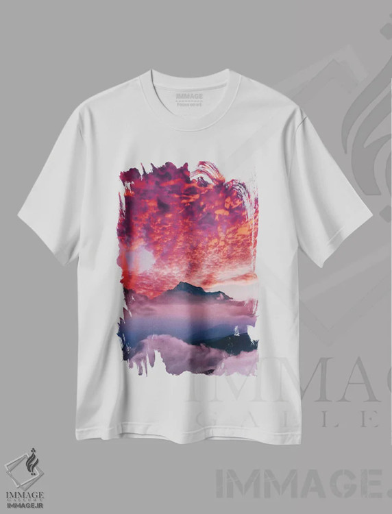 تیشرت سفید طرح دار – تیشرت طبیعت ,"غروب قفقاز" اثر هوبوپیبا immage.ir