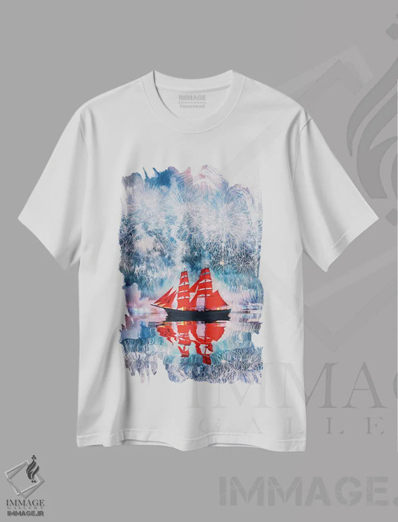 تیشرت سفید طرح دار – تیشرت فانتزی ,"بادبان های قرمز در سن پترزبورگ" اثر هوبوپیبا immage.ir