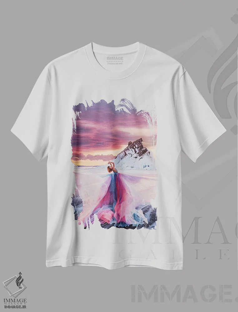 تیشرت سفید طرح دار – تیشرت هنری ,"بانوی غروب" اثر هوبوپیبا فروشگاه ایماژ