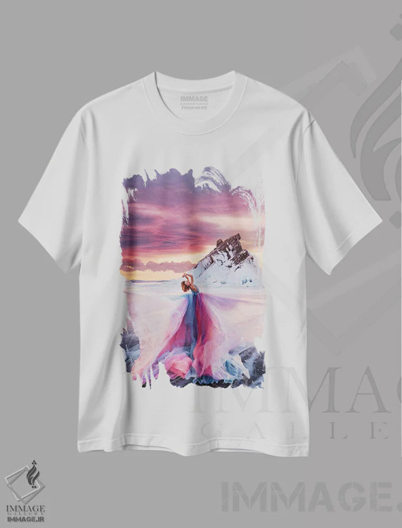 تیشرت سفید طرح دار – تیشرت هنری ,"بانوی غروب" اثر هوبوپیبا فروشگاه ایماژ