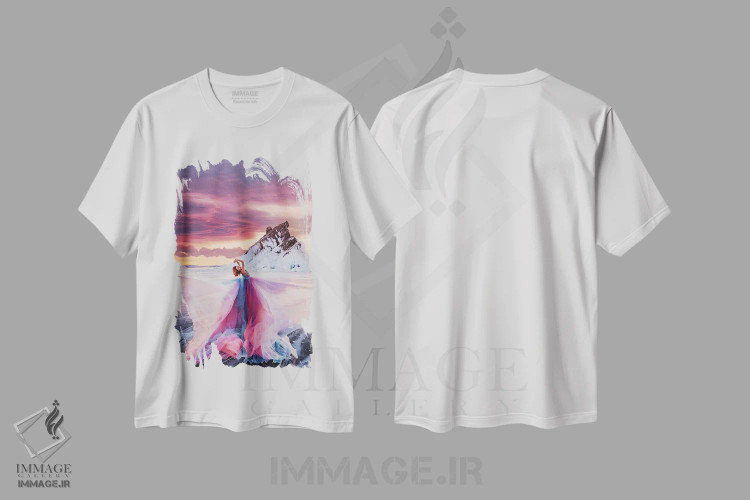 تیشرت سفید طرح دار – تیشرت هنری ,"بانوی غروب" اثر هوبوپیبا فروشگاه ایماژ