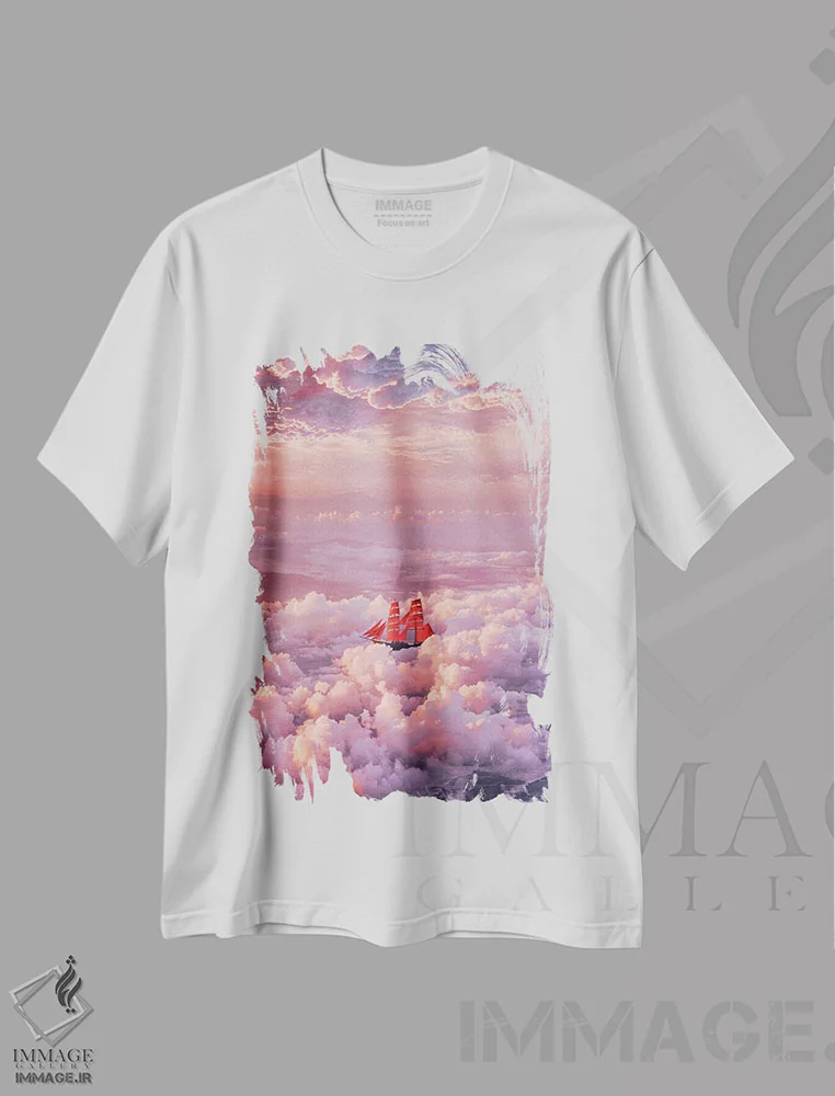 تیشرت سفید طرح دار – تیشرت مناظر طبیعی ,"بادبان ابر" اثر هوبوپیبا immage.ir