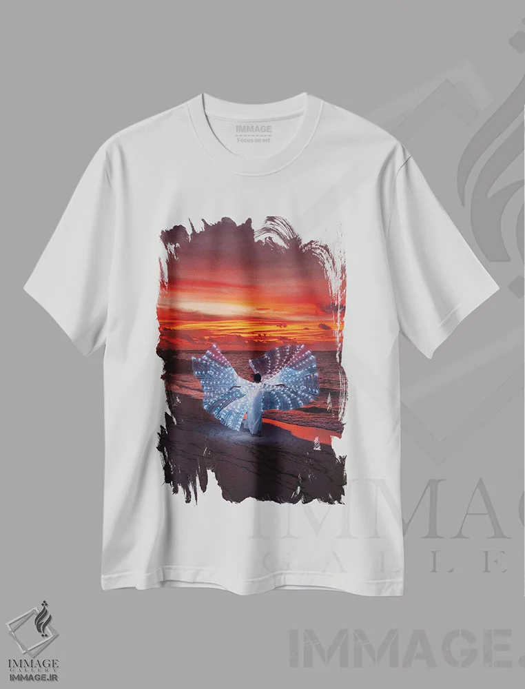 تیشرت سفید طرح دار – تیشرت طبیعت ,"پروانه نورانی در غروب مالدیو" اثر هوبوپیبا immage.ir
