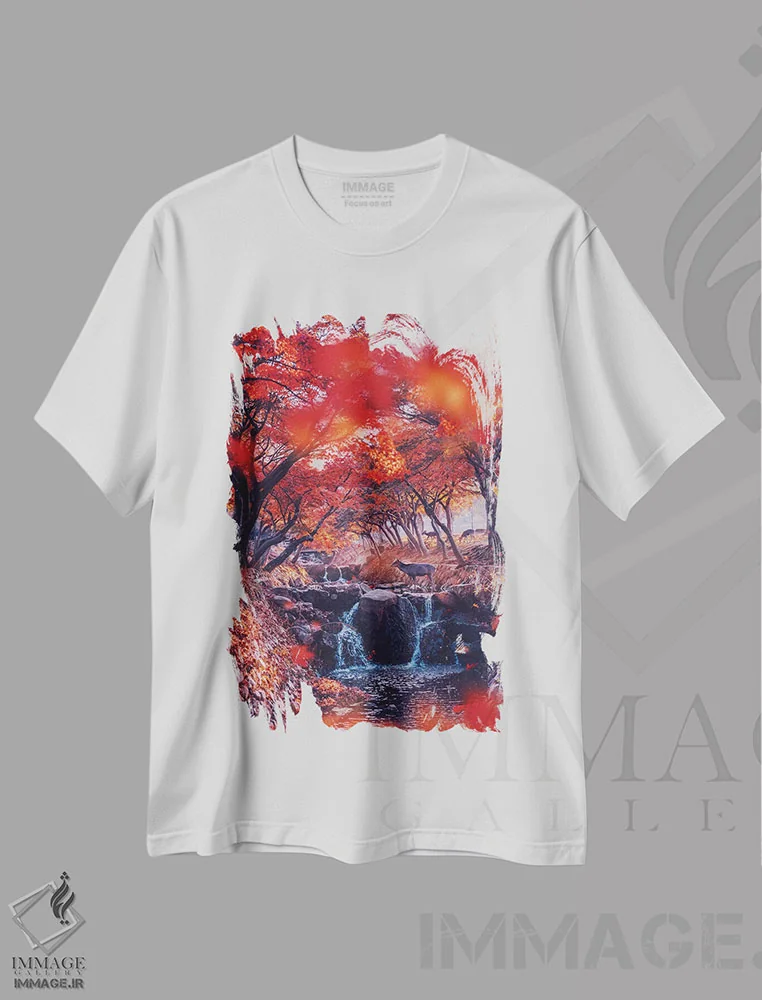 تیشرت سفید طرح دار – تیشرت طبیعت ,"بهشت. فصل مومیزی" اثر هوبوپیبا immage.ir