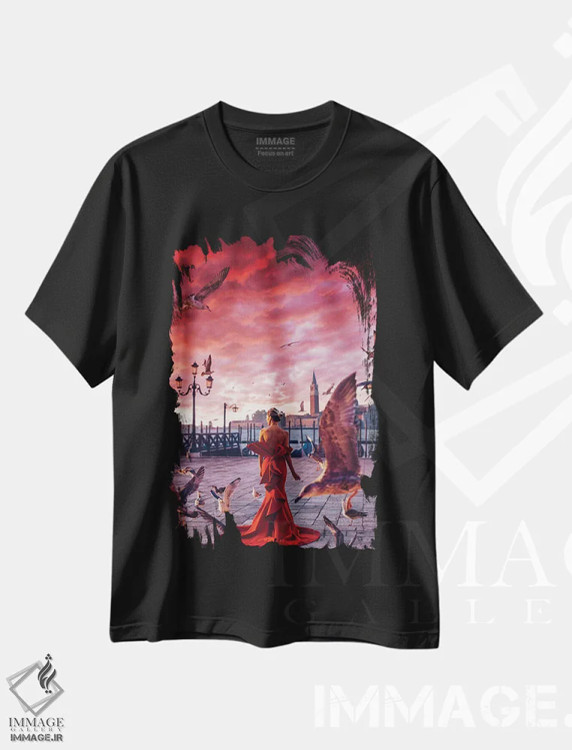 تیشرت مشکی طرح دار – تیشرت هنری ,"صبح سرخ در ونیز" اثر هوبوپیبا immage.ir