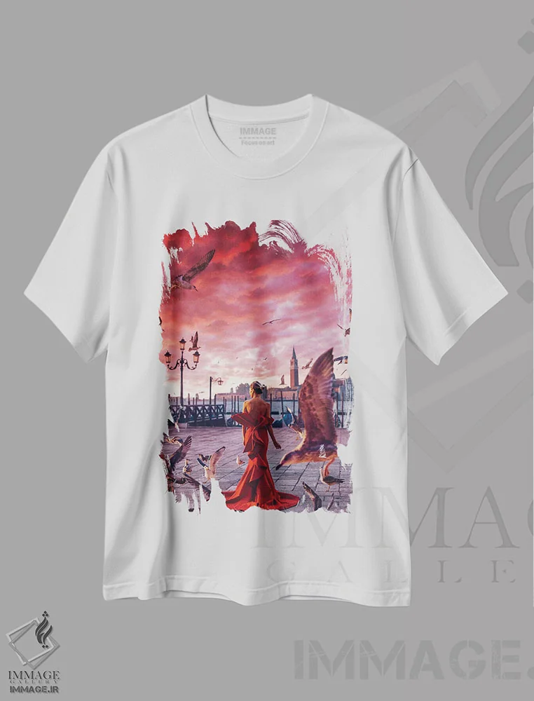 تیشرت سفید طرح دار – تیشرت هنری ,"صبح سرخ در ونیز" اثر هوبوپیبا فروشگاه ایماژ