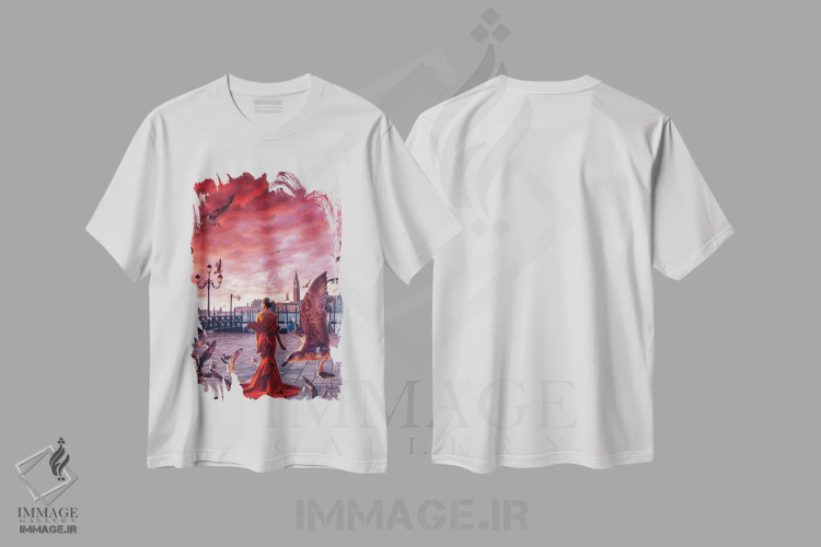 تیشرت سفید طرح دار – تیشرت هنری ,"صبح سرخ در ونیز" اثر هوبوپیبا فروشگاه ایماژ