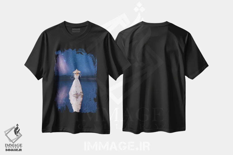 تیشرت مشکی طرح دار – تیشرت هنری ,"دریا و چراغ ها. غروب گرم" اثر هوبوپیبا فروشگاه ایماژ