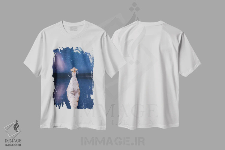 تیشرت سفید طرح دار – تیشرت هنری ,"دریا و چراغ ها. غروب گرم" اثر هوبوپیبا immage.ir
