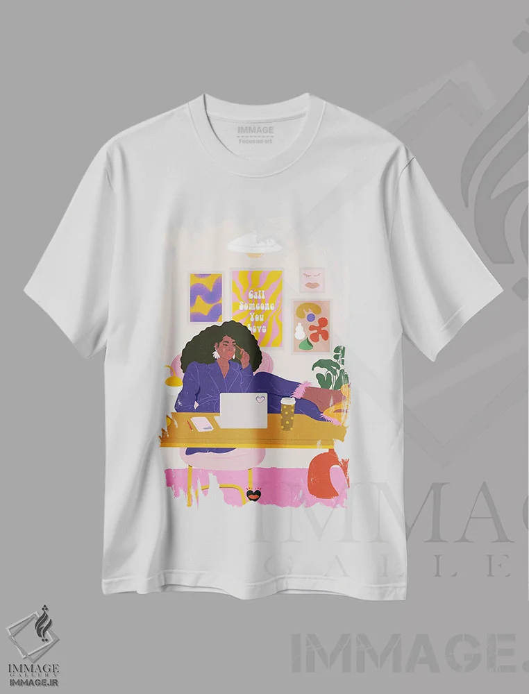 تیشرت سفید طرح دار – تیشرت هنری ,"میز کار" اثر مادلن بلامور فروشگاه ایماژ