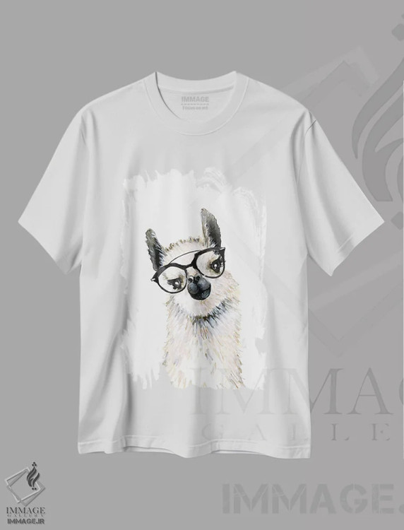 تیشرت سفید طرح دار – تیشرت فانتزی حیوانات ,"لاما با عینک" اثر مرسدس لوپز چارّو immage.ir