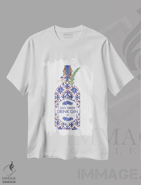 تیشرت سفید طرح دار – تیشرت مینیمالیستی ,"آب را حفظ کن، جین بنوش" اثر مرسدس لوپز چارّو immage.ir