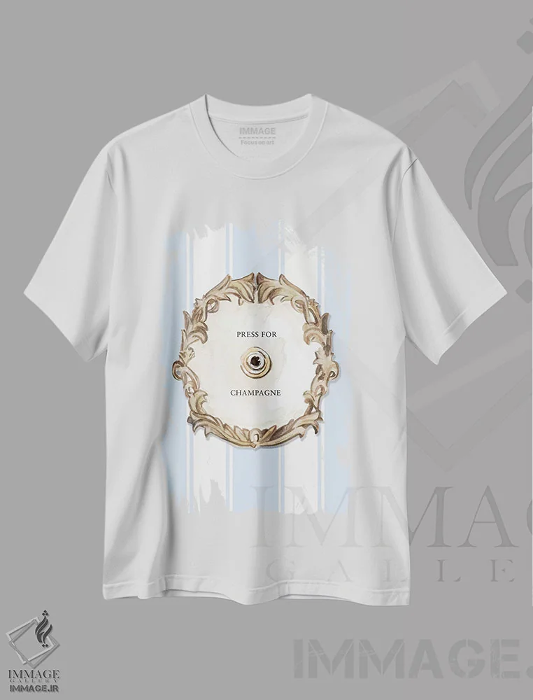 تیشرت سفید طرح دار – تیشرت هنری ,"برای شامپاین فشار بده" اثر مرسدس لوپز چارّو immage.ir