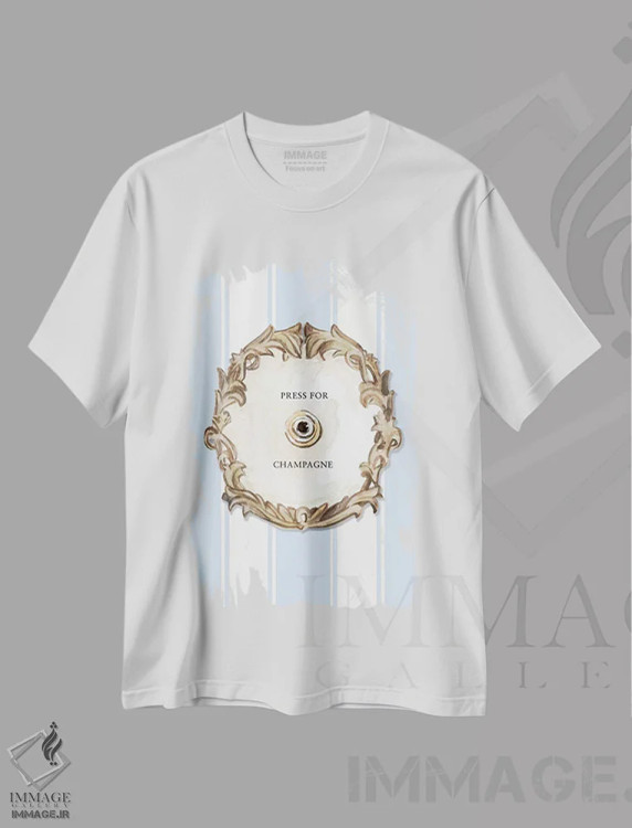 تیشرت سفید طرح دار – تیشرت هنری ,"برای شامپاین فشار بده" اثر مرسدس لوپز چارّو immage.ir
