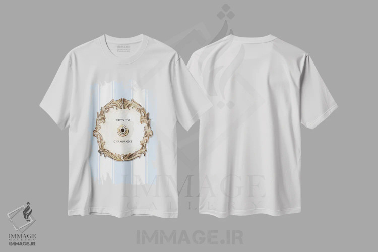 تیشرت سفید طرح دار – تیشرت هنری ,"برای شامپاین فشار بده" اثر مرسدس لوپز چارّو immage.ir