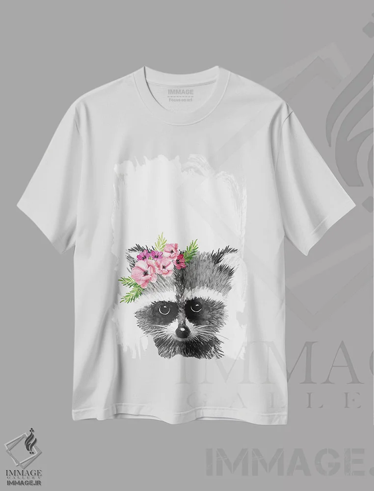 تیشرت سفید طرح دار – تیشرت حیوانات ,"راکون با تاج گل" اثر مرسدس لوپز چارّو immage.ir