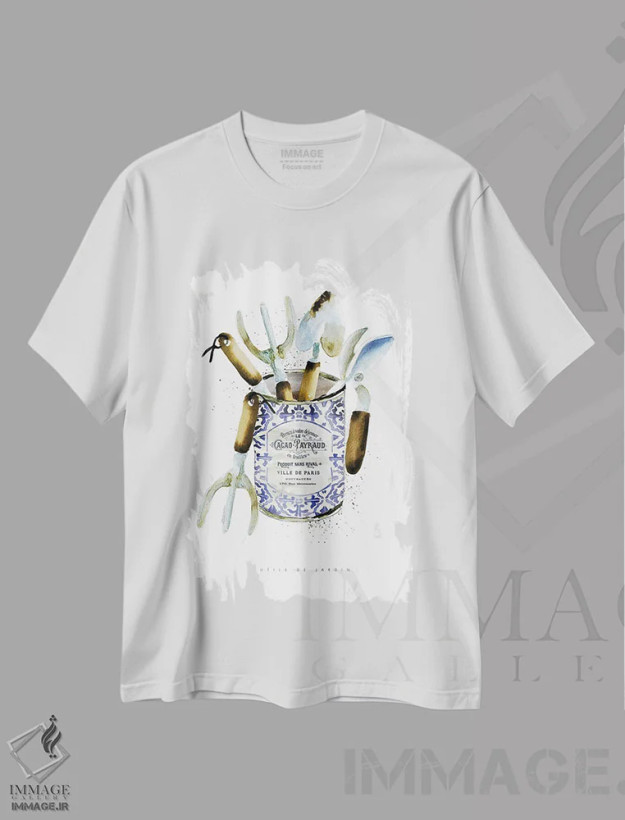 تیشرت سفید طرح دار – تیشرت طبیعت ,"ابزار باغبانی در قوطی قدیمی" اثر مرسدس لوپز چارّو فروشگاه ایماژ