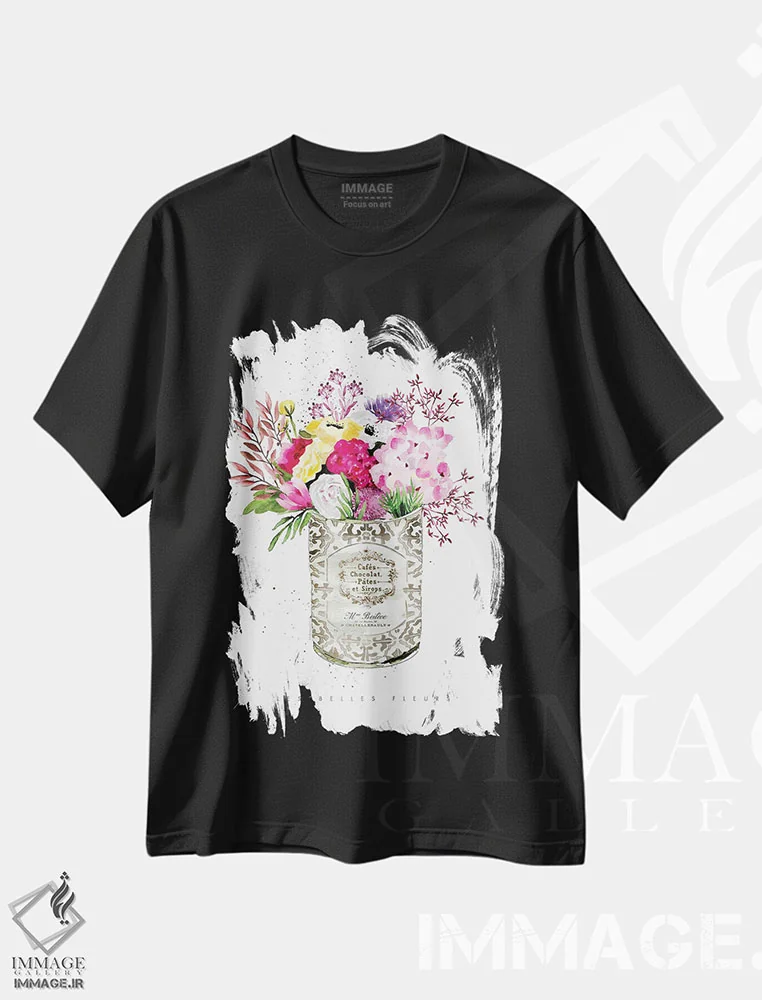 تیشرت مشکی طرح دار – تیشرت گلدار ,"گل های صورتی در قوطی قدیمی" اثر مرسدس لوپز چارّو فروشگاه ایماژ