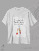 تیشرت سفید طرح دار – تیشرت مد ,"زنی با کفش های خوب" اثر مرسدس لوپز چارّو فروشگاه ایماژ